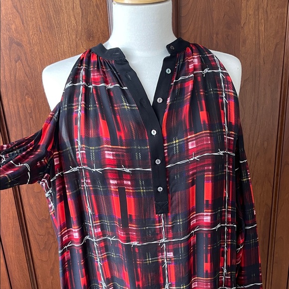 Nicole Miller Tops - Nicole Miller Red and Black Plaid Cold Shoulder Blouse